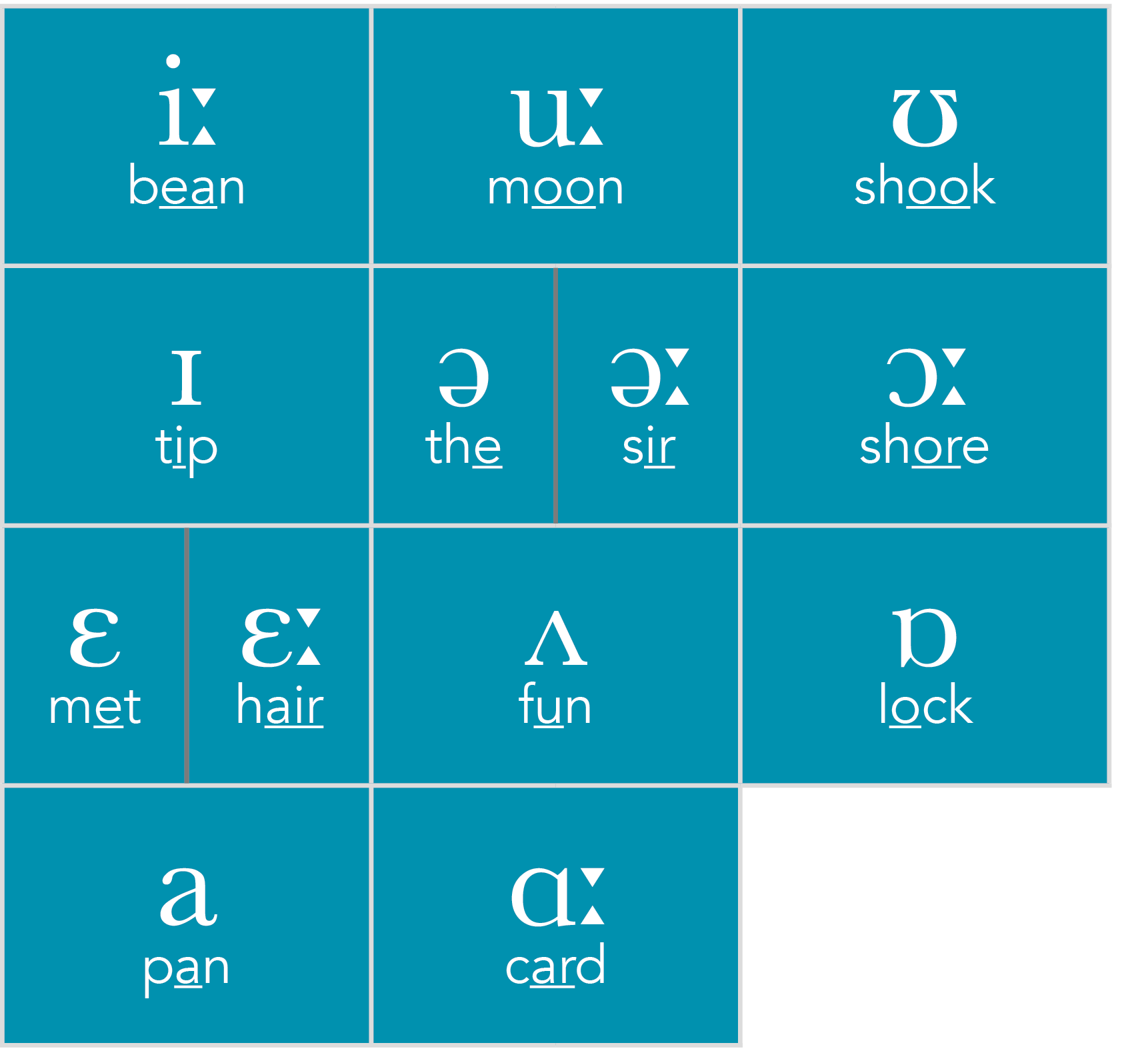 i  bean,u  moon,ʊ shook,ɪ tip,ə the,ə  sir,ɔ  shore,ɛ met,ɛ  hair,ʌ fun,ɒ lock,a pan,ɑ  card,